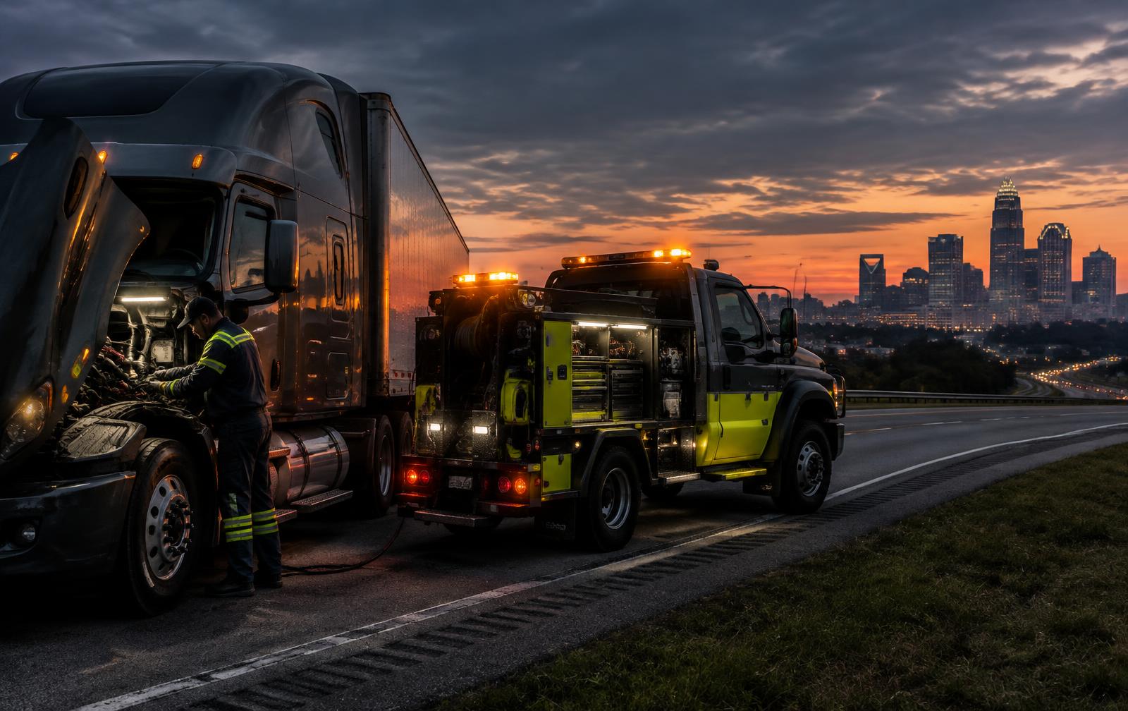Mobile diesel service truck assisting a semi on a highway shoulder near the Charlotte skyline at dusk