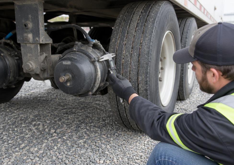 Technician measuring a trailer brake chamber during an inspection