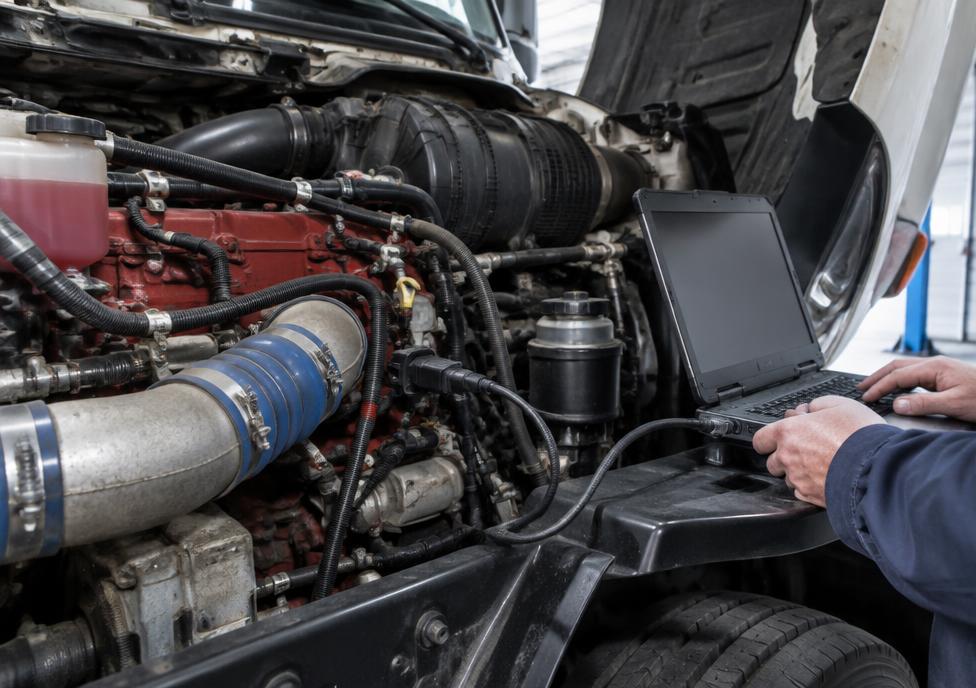 Technician connecting a diagnostic laptop to a semi truck engine during a roadside call